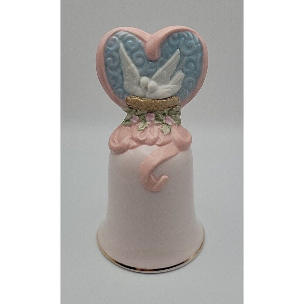 Vintage 1995 Avon “Love’s Beginnings” Porcelain Bell Pink Heart Doves EUC